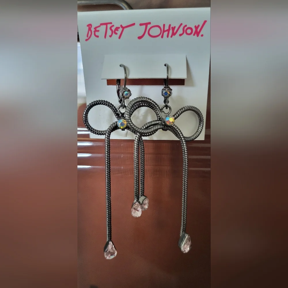Betsey Johnson Gunmetal Bow Drop Earrings with Aurora Crystals